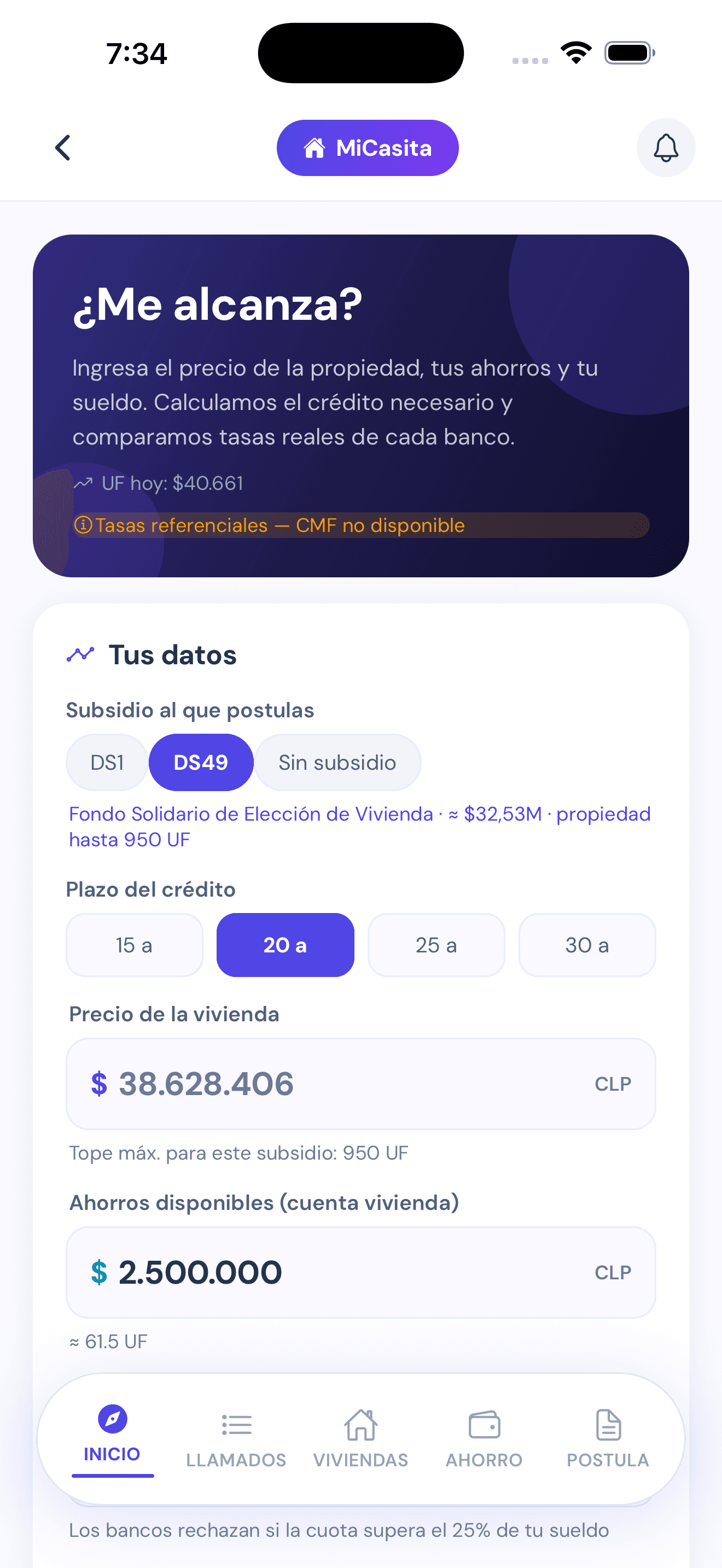 Calculadora ¿Me alcanza? con simulador hipotecario en MiCasita