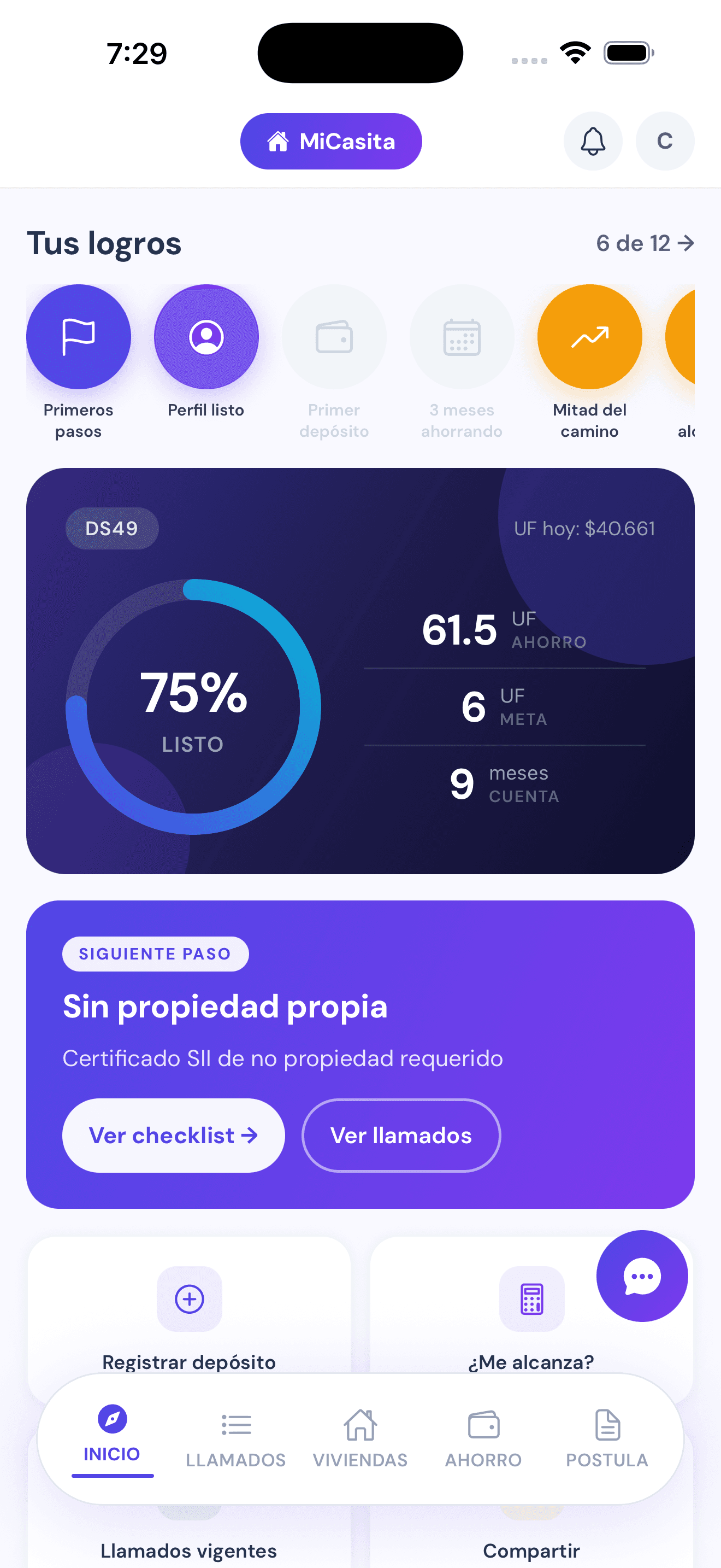 Panel de progreso de MiCasita mostrando 75% completado para el DS49