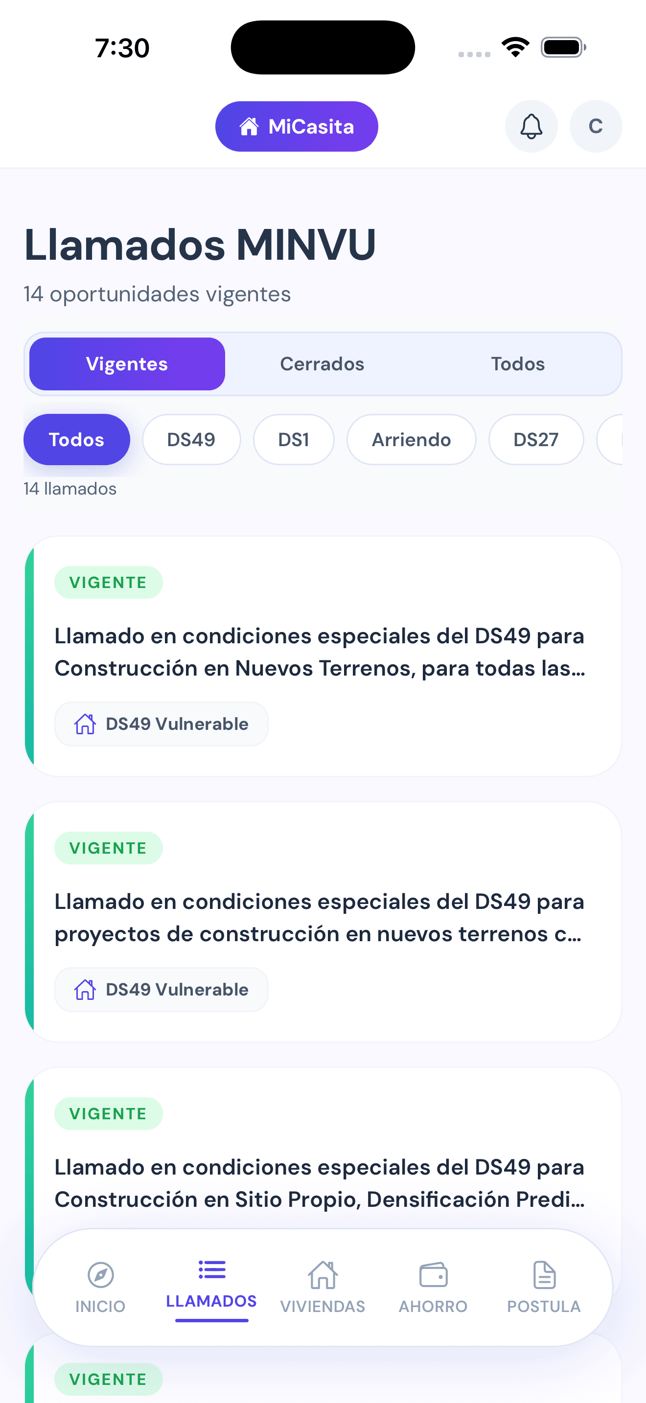 Listado de llamados vigentes MINVU en la app MiCasita